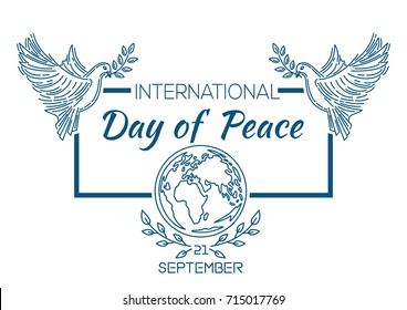 International Day of Peace known as World Peace Day. Pigeons over the globe. September 21. Vector illustration