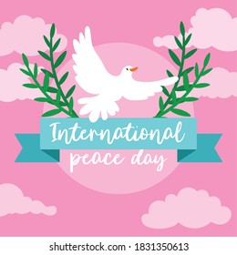 International Day of Peace lettering with dove flying and branches vector illustration design