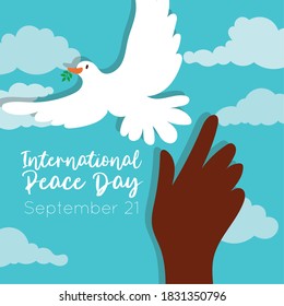 International Day of Peace lettering with dove and afro hand vector illustration design