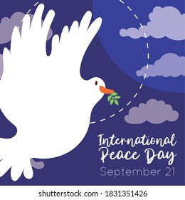 International Day of Peace lettering with dove flying in sky vector illustration design