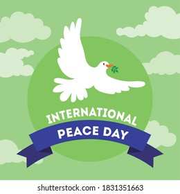International Day of Peace lettering with dove flying and ribbon frame vector illustration design