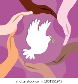 International Day of Peace lettering with dove and interracial hands around vector illustration design