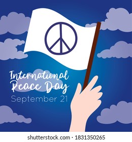 International Day of Peace lettering with hand waving white flag vector illustration design