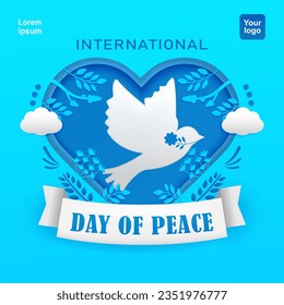 International Day of Peace. Paper cutouts resemble doves, plants and flowers with a heart background. Suitable for events