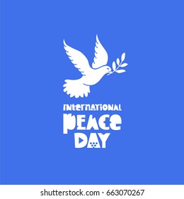 International Day of Peace. Pigeon with olive branch. Vector illustration on a blue background. Lettering