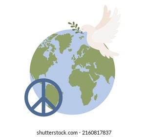 Internationaler Tag des Friedens. Planet Erde und Weltfriedenstove. Vogel symbolisiert Harmonie. Anti-Kriegs-Bewegung. Vektorgrafik 