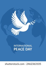 International Day of Peace postcard. A dove with an olive branch in its beak on the Earth globe background, flat vector illustration