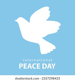 International Day of Peace, postcard. White dove on a blue background, vector. Silhouette of a white dove on a blue background and the inscription INTERNATIONAL PEACE DAY.