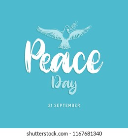 International Day of Peace, poster with handwritten font. Vector illustration of drawn dove with a palm branch on blue background. Holiday card, invitation.