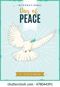 International Day of Peace poster. Pigeon with branch. Vector illustration.