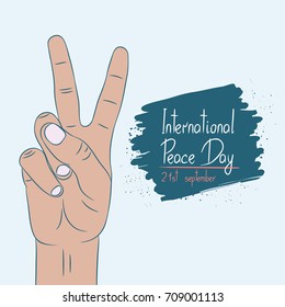 International Day of Peace - poster template. Card of September 21. Hand gesture with two fingers. Vector illustration.