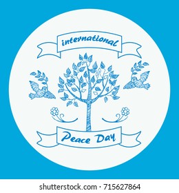 International Day of Peace promotional poster. Vector illustration of two doves flying toward tree with olive branches in beaks in circle on blue