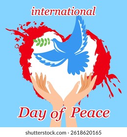 international day of peace red heart with silhouette of hands dove with green branch symbol of peace