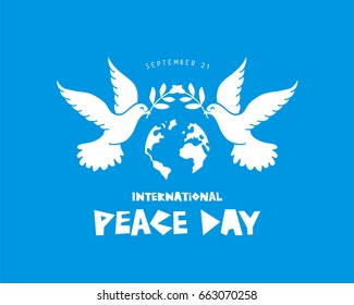 International Day of Peace. September 21. Two pigeons with an olive branch and a globe. Vector illustration on a blue background. Lettering