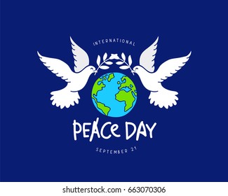 International Day of Peace. September 21. Two pigeons with an olive branch and a globe. Vector illustration on a blue background. Lettering and calligraphy.