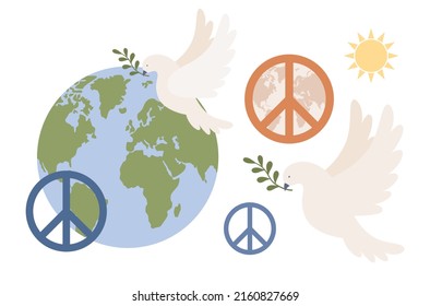 Icono del Día Internacional de la Paz. Planeta Tierra, paloma de paz mundial, señal de pacifismo, sol. Movimiento contra la guerra. Ilustración plana del vector 