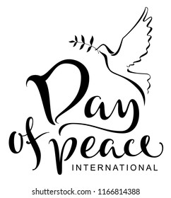 International Day of Peace text. Silhouette of pigeon holding an olive branch. Vector illustration greeting card