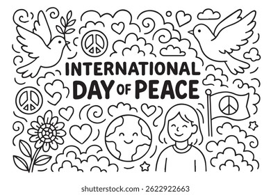 International Day of Peace vector background in doodle style, filled with symbols like doves, earth, hugging people, olive leaves, and unity signs.