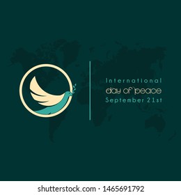 International day of peace vector design with pigeons that bite the leaves on circle and world map background