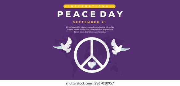  Día Internacional de la Paz. Banner horizontal vectorial, ilustración, afiche, tarjeta. Paloma blanca con rama de olivo