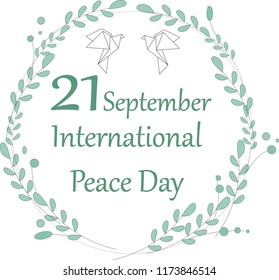 International Day of Peace. Vector illustration. Banner with beautiful white origami dove over greeting sign, for International Day of Peace 21st September. For banner, website. Different colors