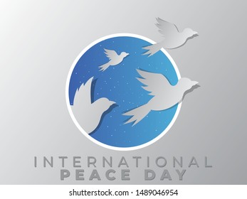 International day of peace. Vector illustration of white paper cutout dove. Realistic notch. Creative idea. 3d white bird. Template for wedding, banner, poster, advertisement.Symbol of tolerance,trust