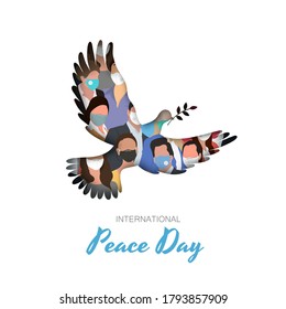 International Day of Peace vector illustration. Peace dove with olive branch for International Peace Day poster. Great for Greeting Card, Emblem and Banner