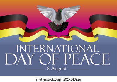 International Day of Peace. Vector illustration
german flag on ping, blue, yellow background. Pigeon with palm branches. Great gift holiday card.