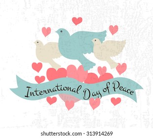 International Day of Peace vector illustration. Flat design style icons with pigeons. Badges with birds, heart, hand. Celebration template for postcard, invitation card, print