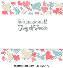 International Day of Peace vector illustration. Flat design style icons with pigeons. Badges with birds, heart, hand. Celebration template for postcard, invitation card, print