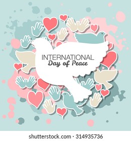 International Day of Peace vector illustration. Flat design style icons with pigeons. Badges with birds, heart, hand. Celebration template for postcard, invitation card, print