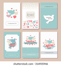 International Day of Peace vector illustration. Flat design style icons with pigeons. Badges with birds, heart, hand. Celebration template for postcard, invitation card, print
