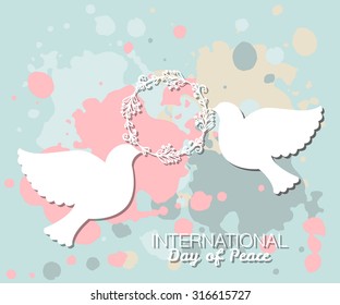 International Day of Peace vector illustration. Flat design style icons with pigeons. Badges with birds, heart, hand. Celebration template for postcard, invitation card, print