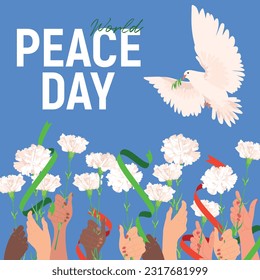 International Day of Peace. Vector. Solidarity of the inhabitants of the Earth. White dove with an olive branch on a white background, raised hands of different peoples of the world with white flowers