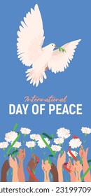 International Day of Peace. Vector. Solidarity of the inhabitants of the Earth. White dove with an olive branch on a white background, raised hands of different peoples of the world with white flowers