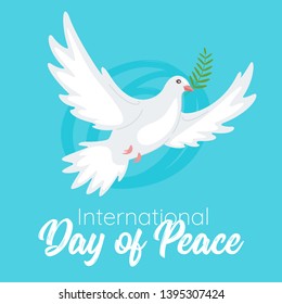 International Day Of Peace Web Banner Vector Template. White Dove Carrying Olive Branch Flat Illustration. Freedom, Unity, Faith Symbol. Bird Flying, Holding Leaf Poster, Greeting Card With Lettering 