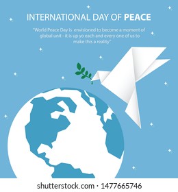 International Day of Peace web banner vector template, holding leaf poster, greeting card with lettering.