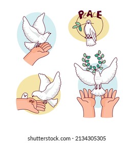 International Day of Peace. White dove with olive branch on white background. Human hands releasing white dove pigeon with green leaves plant in beak over blue air background vector illustration.
