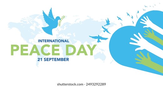 International day of peace - The white peace dove flying with green ribbon roll around on blue line globle texture background vector Design