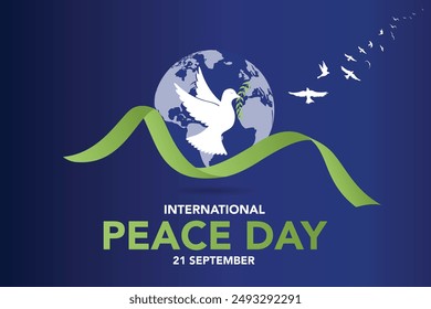 International day of peace - The white peace dove flying with green ribbon roll around on blue line globle texture background vector Design