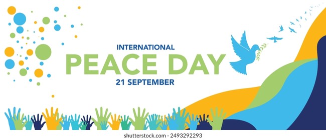 International day of peace - The white peace dove flying with green ribbon roll around on blue line globle texture background vector Design