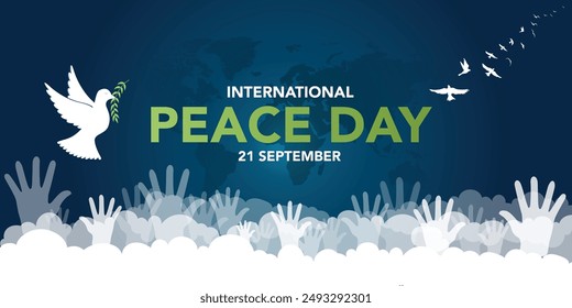 International day of peace - The white peace dove flying with green ribbon roll around on blue line globle texture background vector Design