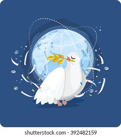International Day of Peace, white dove with an olive branch, globe, confetti.