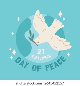 International day of peace with white pigeon. Faith symbol, flying city bird, dove holds sprig of olive in beak, card design, Peaceful and freedom cartoon isolated garish vector concept