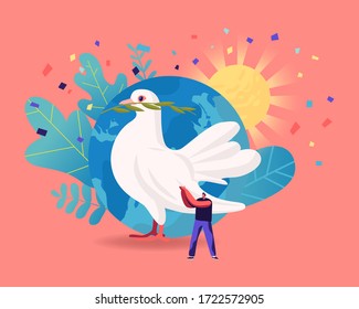 International Day of Peace, Worldwide Antiwar Campaign, Humanity Concept. Tiny Male Character Stand at Earth Globe with Sun Shine and Huge Dove Carrying Leaf Branch. Cartoon People Vector Illustration