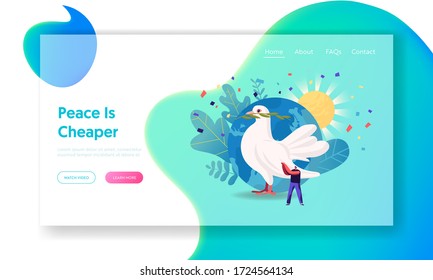 International Day of Peace, Worldwide Antiwar Campaign, Humanity Landing Page Template. Tiny Male Character Stand at Earth Globe with Huge Dove Carrying Leaf Branch. Cartoon People Vector Illustration