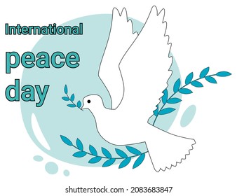 International Day of Peace.A flying pigeon with a twig as a symbol of peace protection.Poster in business style.Flat vector illustration.