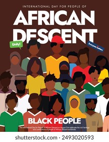 International day for People of African Descent. 31st August people of African descent day celebration banner with african people of different age, cultures religions. Awareness to end discrimination.