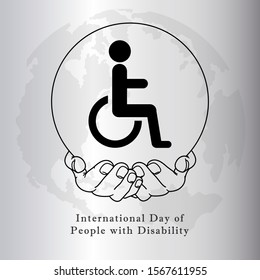 International day of people with disability. Symbol world disability. Hands protecting the disabled and globe background