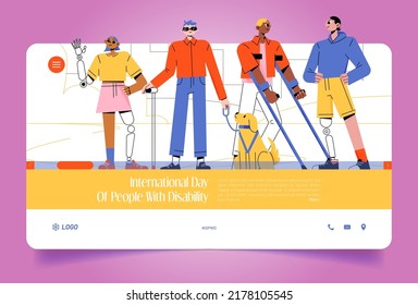 International day of people with disability web banner. Handicapped men and women with bionic hand or leg prosthesis, boy on crutches, blind person with stick and guide dog, Line art vector concept